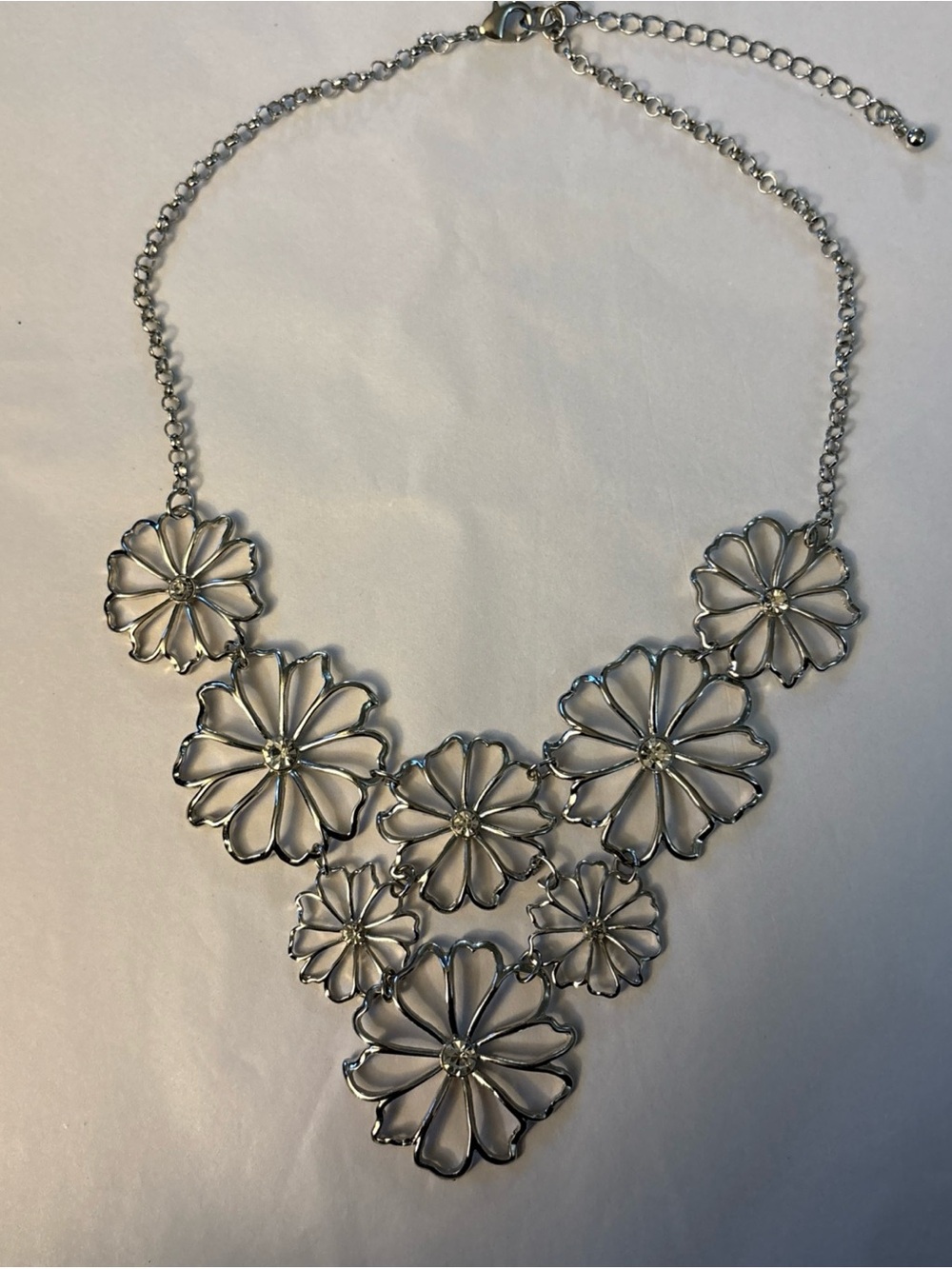 Silver Tone Flower bib Statement Necklace with rhinestones.